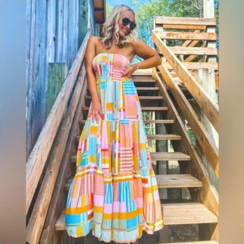 Anthropologie Abel The Label multi colored smocked Strapless Maxi Dress size L